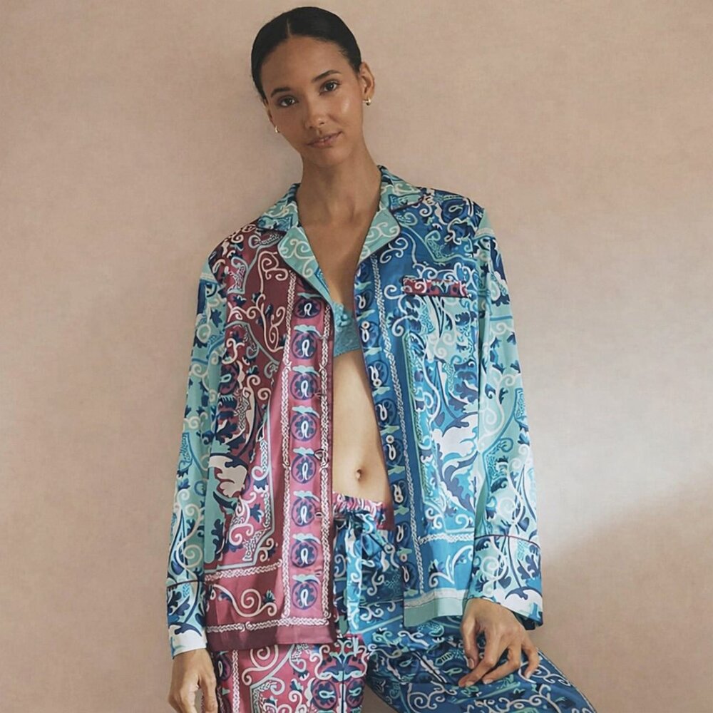 Anthropologie Silky Paisley Print Pajama Top Sleep Shirt Teal Pink XXS